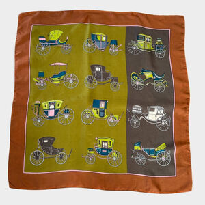 50s Hand Rolled Scarf | Equestrian Carriage Print| European Vintage